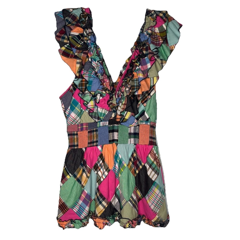 NWT $425 Love the Label Azalea Patchwork Vibrant Madras‎ Plaid Mini Dress L